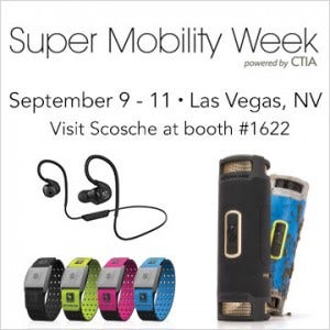 Super Mobility Week Powered by CTIA. September 9-11. Las Vegas, NV. Visit Scosche at Booth #1622. Wireless bluetooth earbuds, portable wireless speaker in black and blue and armband heartrate monitor in black, green, pink and blue