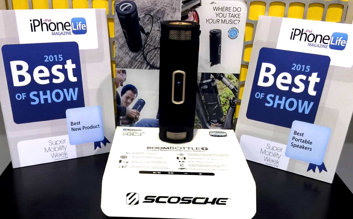 Scosche wireless speaker placed on facts sheet next to awards for iPhone and iPad Life Magazine 2015 Best of Show Best New Product and Best Portable Speakers
