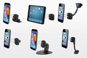 magic mount phone mounts with stylized magnet graphics to various devices: dash mount to cell phone, flush mount to tablet, window suction mount to iphone, vent mount to iphone, mini mat mount to phone and 12v socket mount to iphone