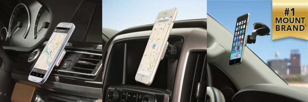 separate images of phone mounted to car vent, dash and windshield. #1 Mount Brand