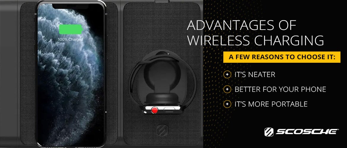 Advantages of Wireless Charging Advantages of Wireless Charging. A few reasons to choose it: its neater, better for your phone, it's more portable. iphone and apple watch on black wireless charging pad