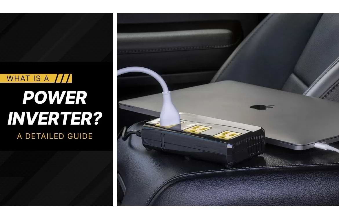 What is a Power Inverter? A Detailed Guide What is a Power Inverter? A Detailed Guide. Power inverter sitting next to laptop on car seat