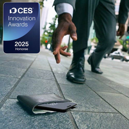 CES Innovations Awards 2025 Honoree - Man reaching for wallet on ground outside with a device tracker hanging out off the wallet