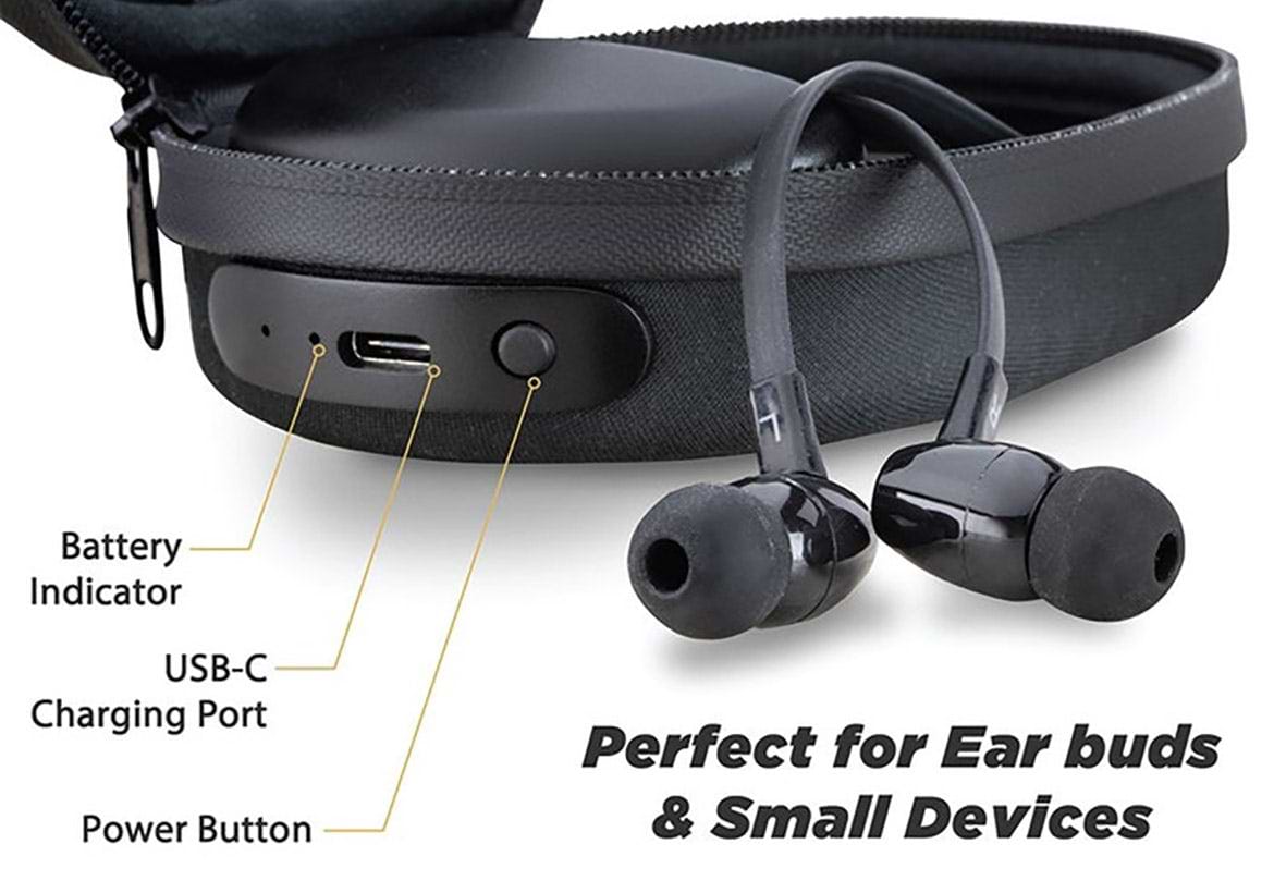 ChargeCase info ChargeCase info showing battery indicator, usb-c charging port and power buttons and how it is perfect for Earbuds & small devices