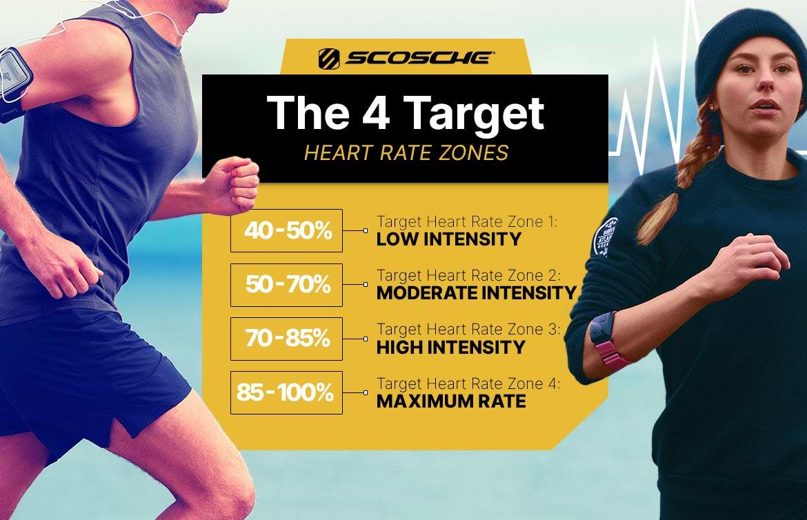 Different Target Heart Rate Zones The 4 Target Heart Rate Zones. 40%-50% Target Heart Rate Zone 1: Low Intensity. 50%-70% Target Heart Rate Zone 2: Moderate Intensity. 70%-85% Target Heart Rate Zone 3: High Intensity. 85%-100% Target Heart Rate Zone 4: Maximum Rate