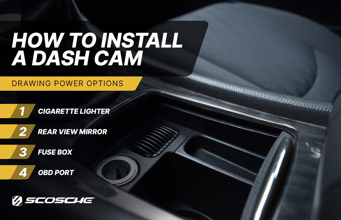 Drawing Power options How to Install a Dash Cam - Drawing Power Options. 1. Cigarette Lighter. 2. Rear View Mirror. 3. Fuse Box. 4. OBD Port.