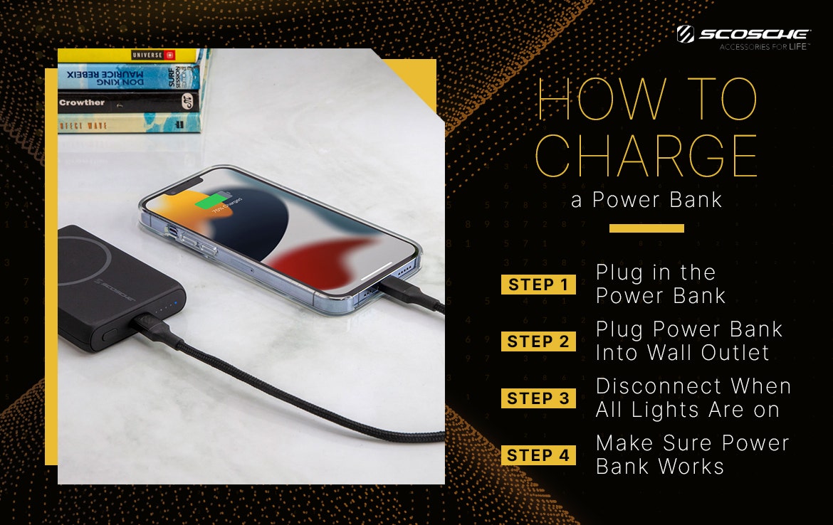 How to Charge a Power Bank How to Charge a Power Bank. Step 1 plug in the Power Bank. Step 2 Plug Power Bank into wall outlet. Step 3 Disconnect when all lights are on. Step 4 make sure power bank works. iphone charging via power bank