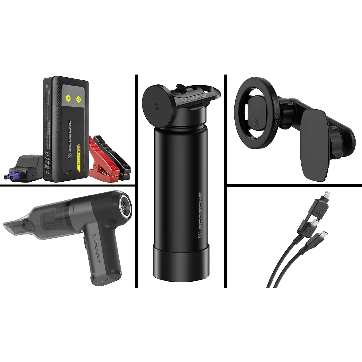 Scosche PowerUp 2000 Jumpstarter, MagicMount Flask Waterbottle, MagicMount MS 5-in-1 magnetic phone mount, SCOVAC portable automotive vacuum, StrikeLine 2-in-1 USB-C and Lightning cable
