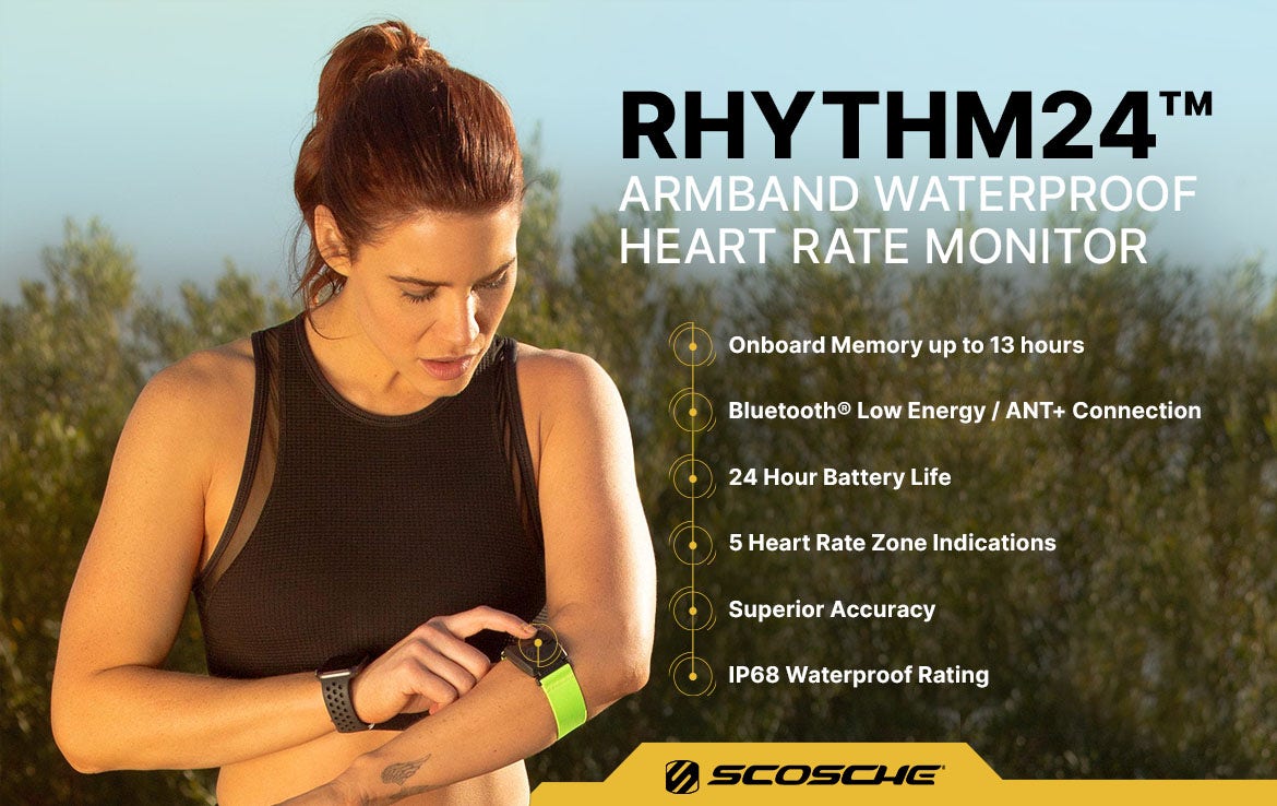 Rhythm24 Rhythm24 Armband Waterproof Heart Rate Monitor. Onboard Memory up to 13 Hours. Bluetooth® Low Energy / ANT+ Connection. 24 Hour Battery Life. 5 Heart Zone Indications. Superior Accuracy. IP68 Waterproof Rating. Woman using armnamd heart rate monitor.