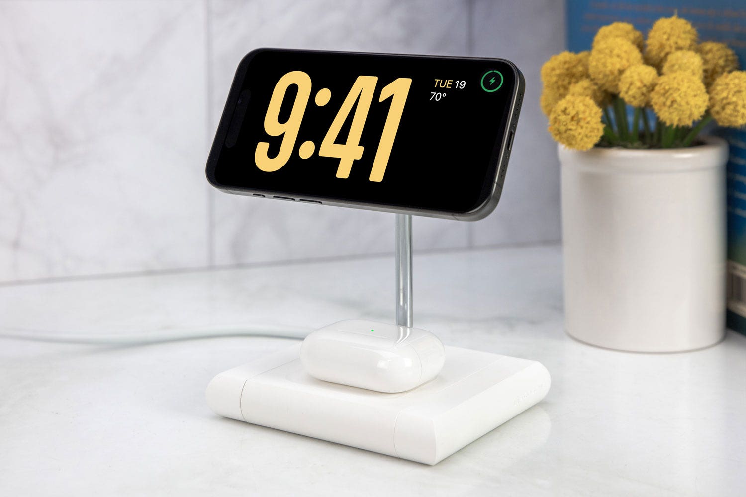 iphone and Airpods charging via Scosche wireless charging stand