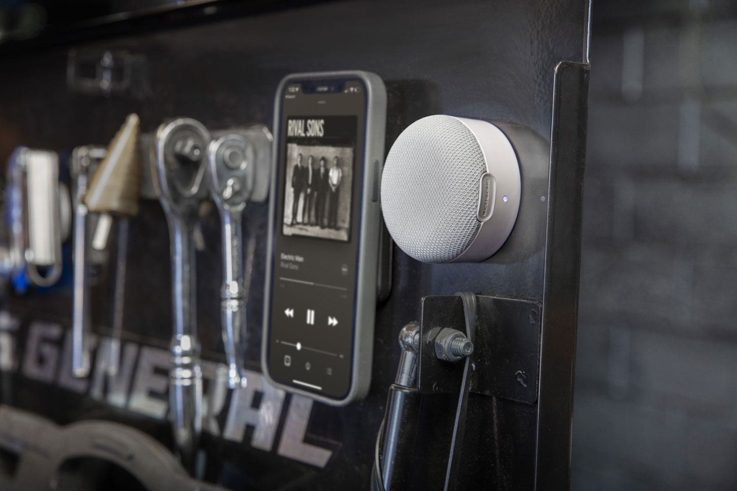 MagSafe compact bluetooth speaker mounted to tool box