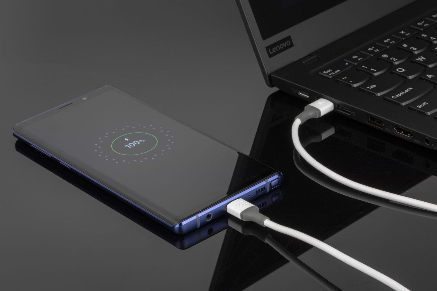 Samsung phone charging via Scosche charging cable plugged into laptop