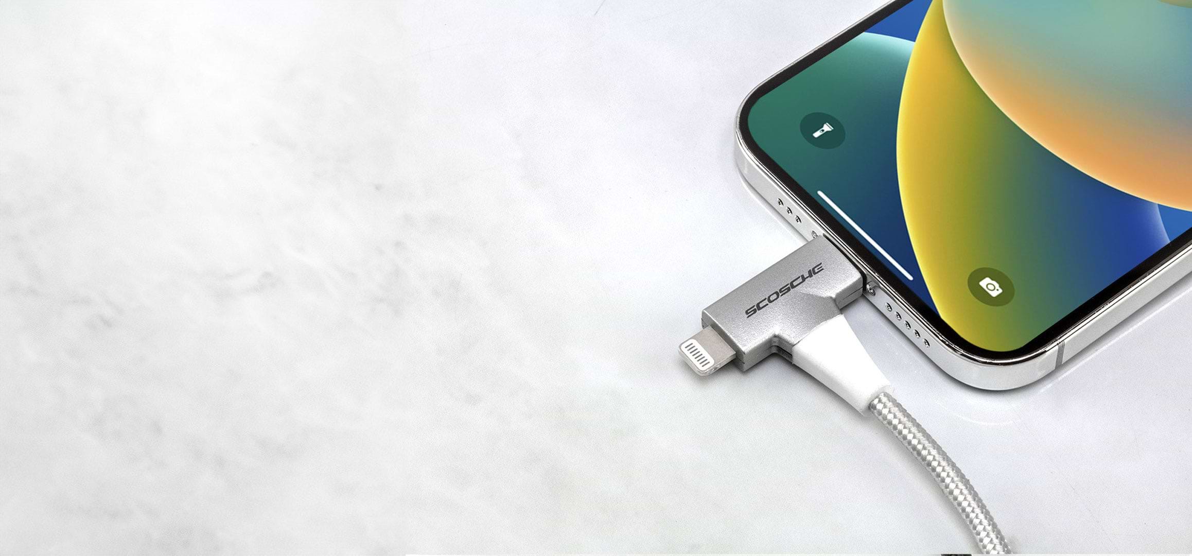 close up of iphone with hammer-head Lightning/USB-C charging cable
