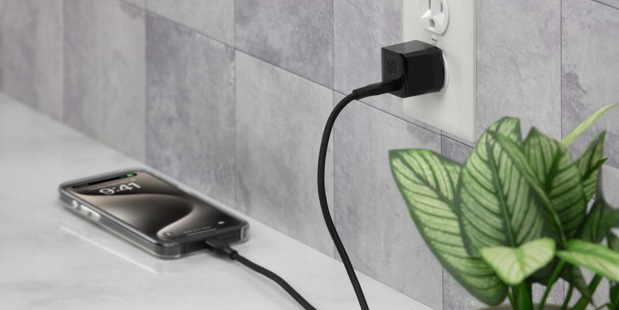iphone charging via Scosche braided cable connected to 30 watt wall charger