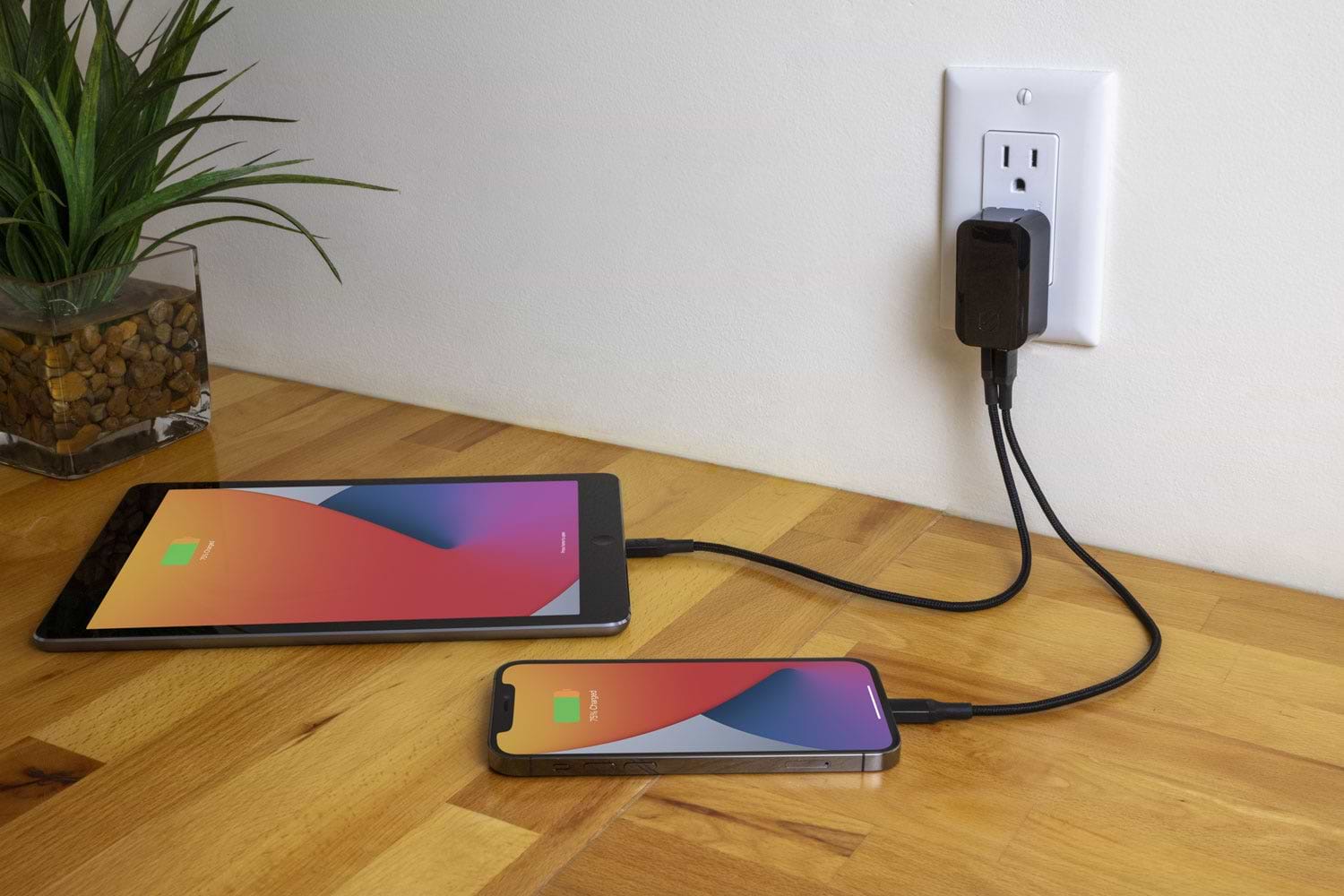 ipad and iphone charging via Scosche dual port 60 watt wall charger