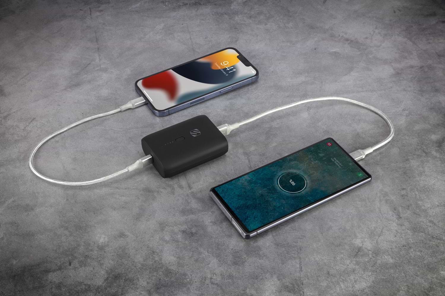 2 phones charging via Scosche poertable power bank and Scosche braided cables