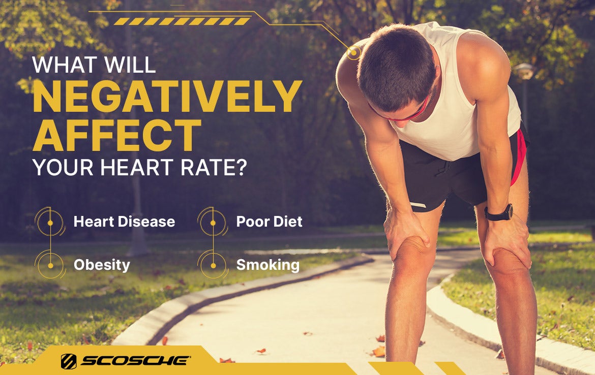 What Will Negatively Affect Your Heart Rate What Will Negatively Affect Your Heart Rate? Heart Disease. Poor Diet. Obesity. Smoking. Man bent over catching breath after running.