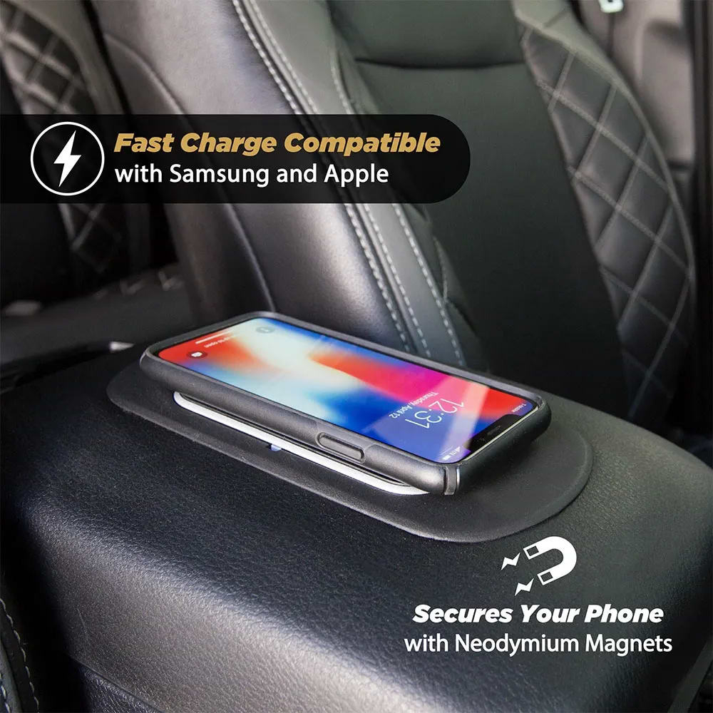 fast charge compatible fast charge compatible with Samsung and Apple. Secures your phone with Neodymium Magnets. phone charging via wireless charger custom fit to car arm rest.