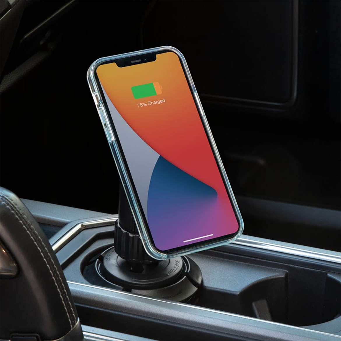 Cup Holder Mount iphone showing 75% charged in Scosche cup holder mount