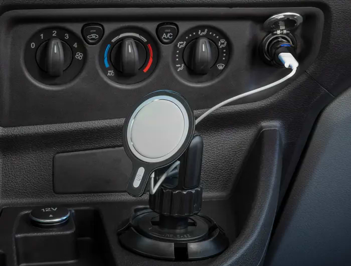mounted charger white MagSafe wireless charger mounted to cup holder mount while plugged into car socket