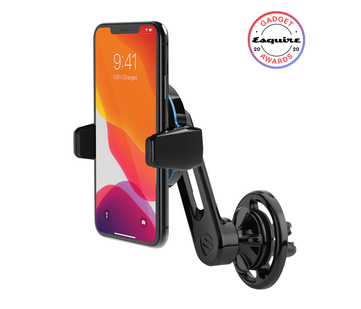 MagicGrip™ Vent Mount MagicGrip™ Vent Mount holding phone and logo award for 2020 Esquire Gadget Awards