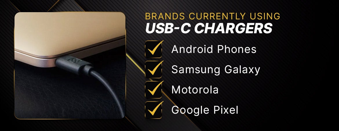 some brands currently using USB-C charger Brands Currently Using USB-C Chargers. Android Phones. Samsung Galaxy. Motorola. Google Pixel.