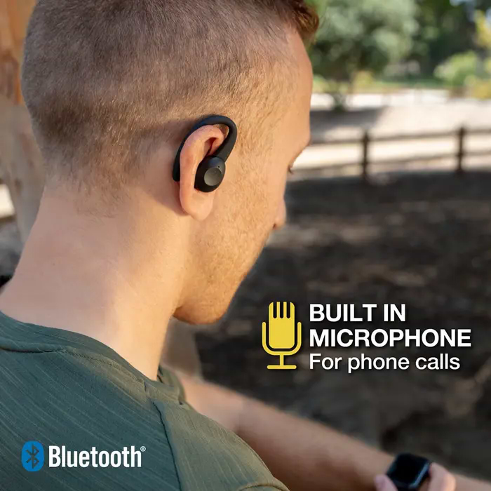 thudbuds tws true wireless earbuds man wearing thudbuds tws true wireless earbuds with Built in microphone for phone calls. Bluetooth.
