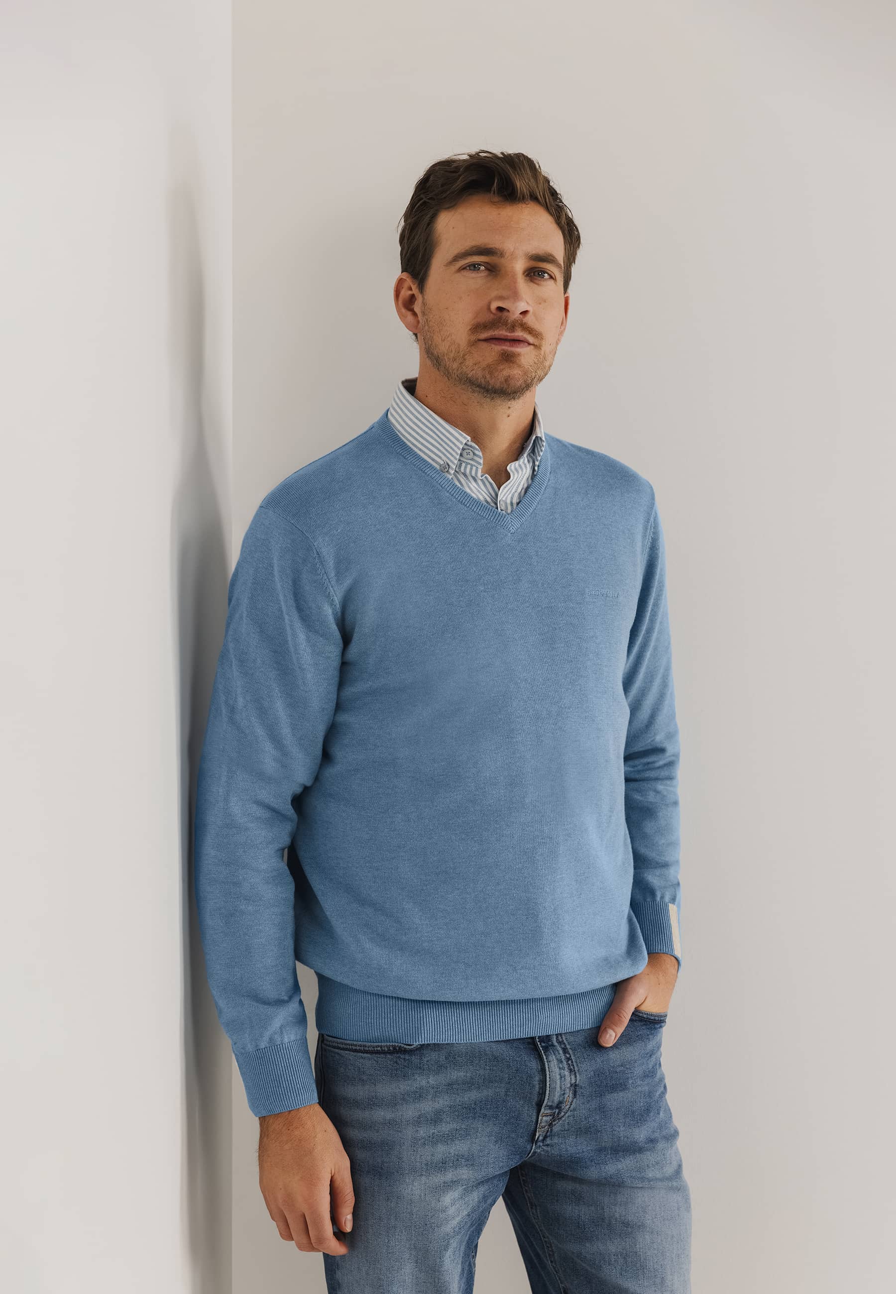 state of art V-hals trui van katoen grijsblauw uni Top uitverkoop Kleding