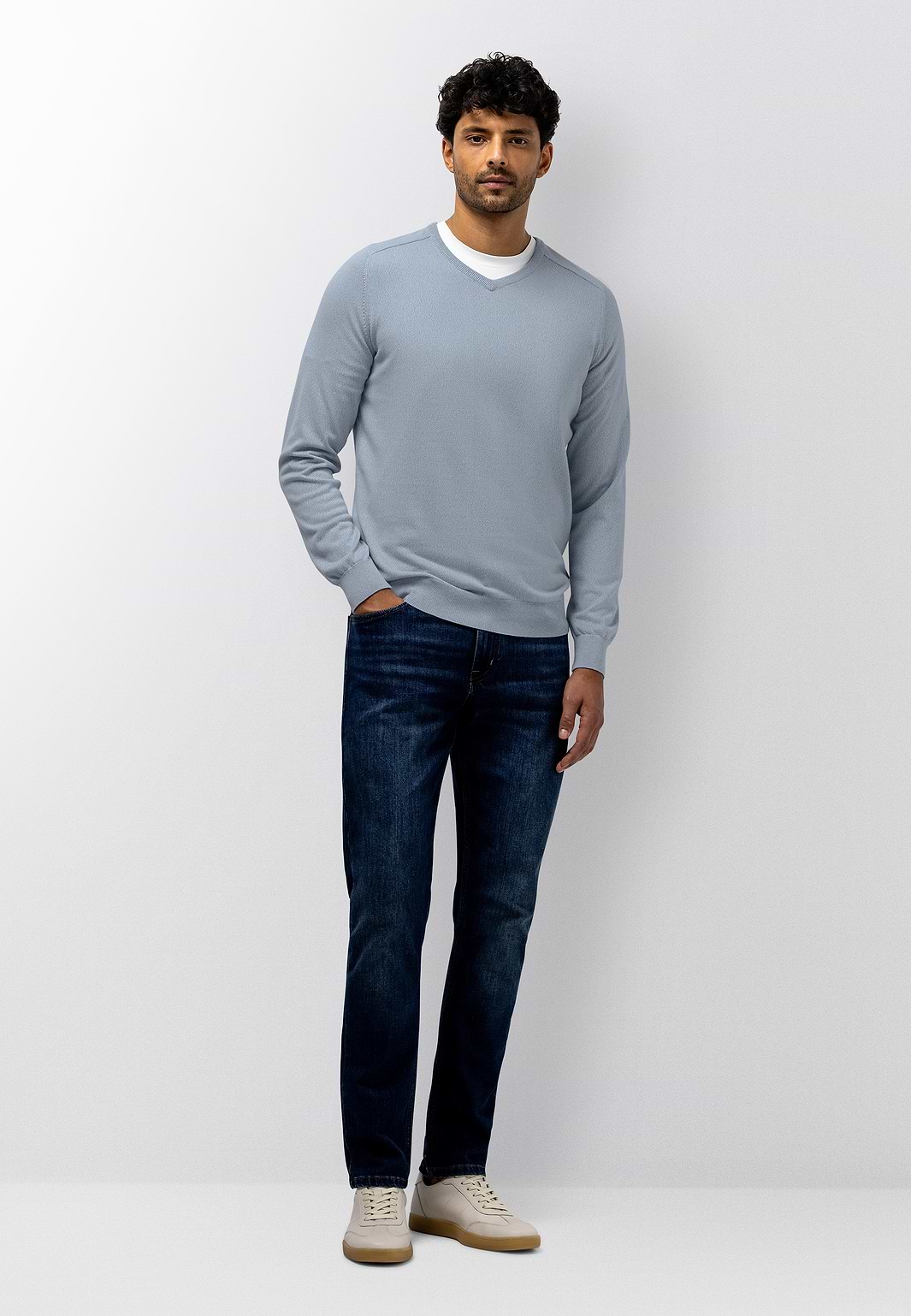 Melierter-Pullover-mit-V-Ausschnitt