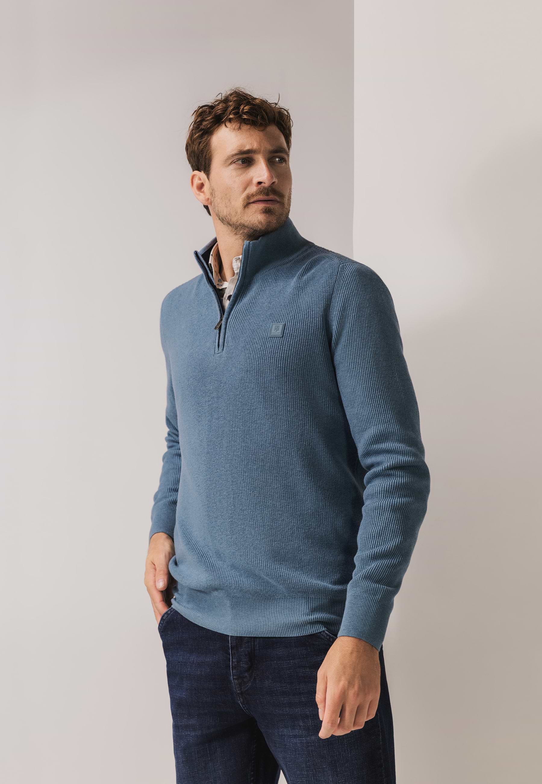 Jumper with half-zip and structured pattern
