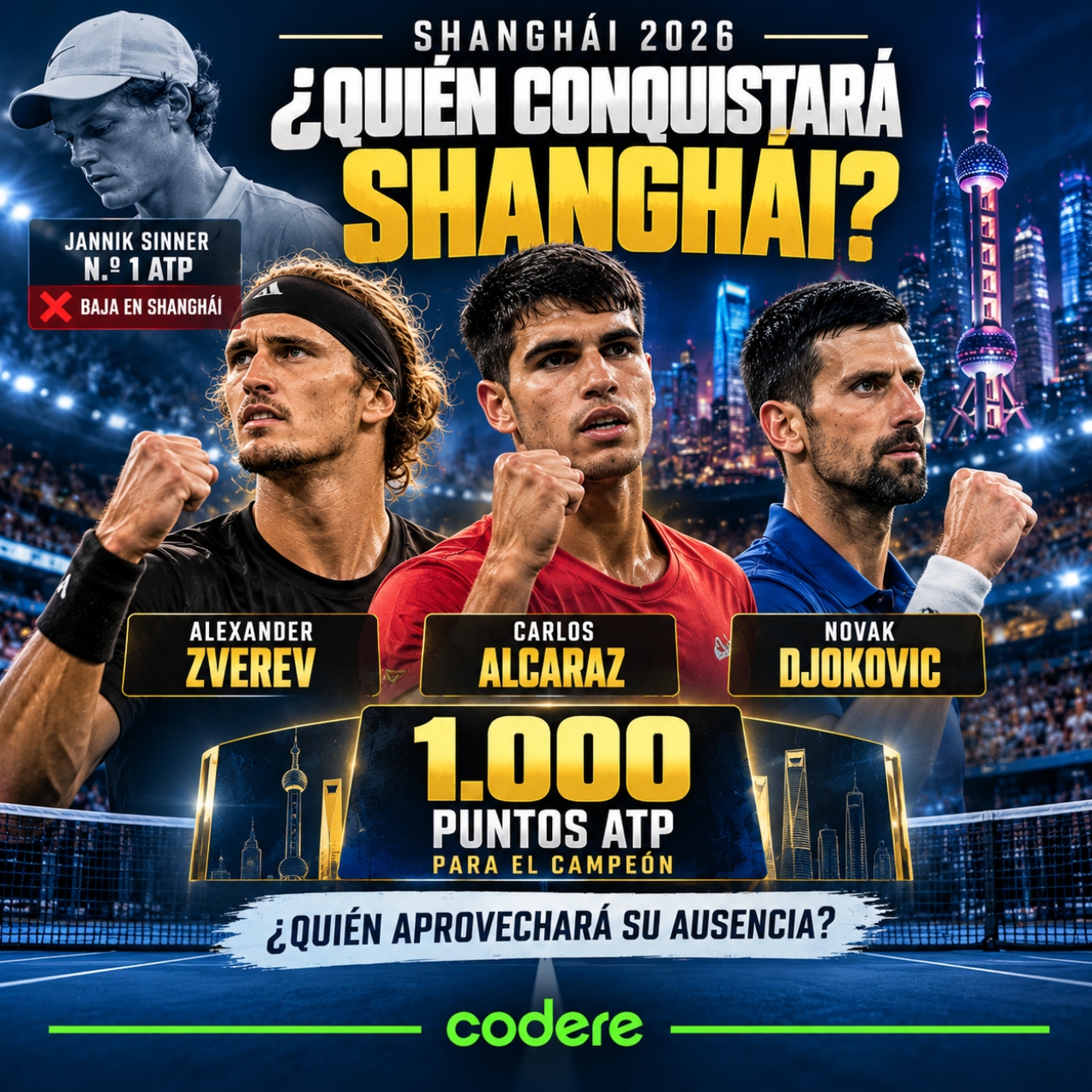 Carlos Alcaraz, Novak Djokovic y Alexander Zverev en el Rolex Shanghai Masters 2026