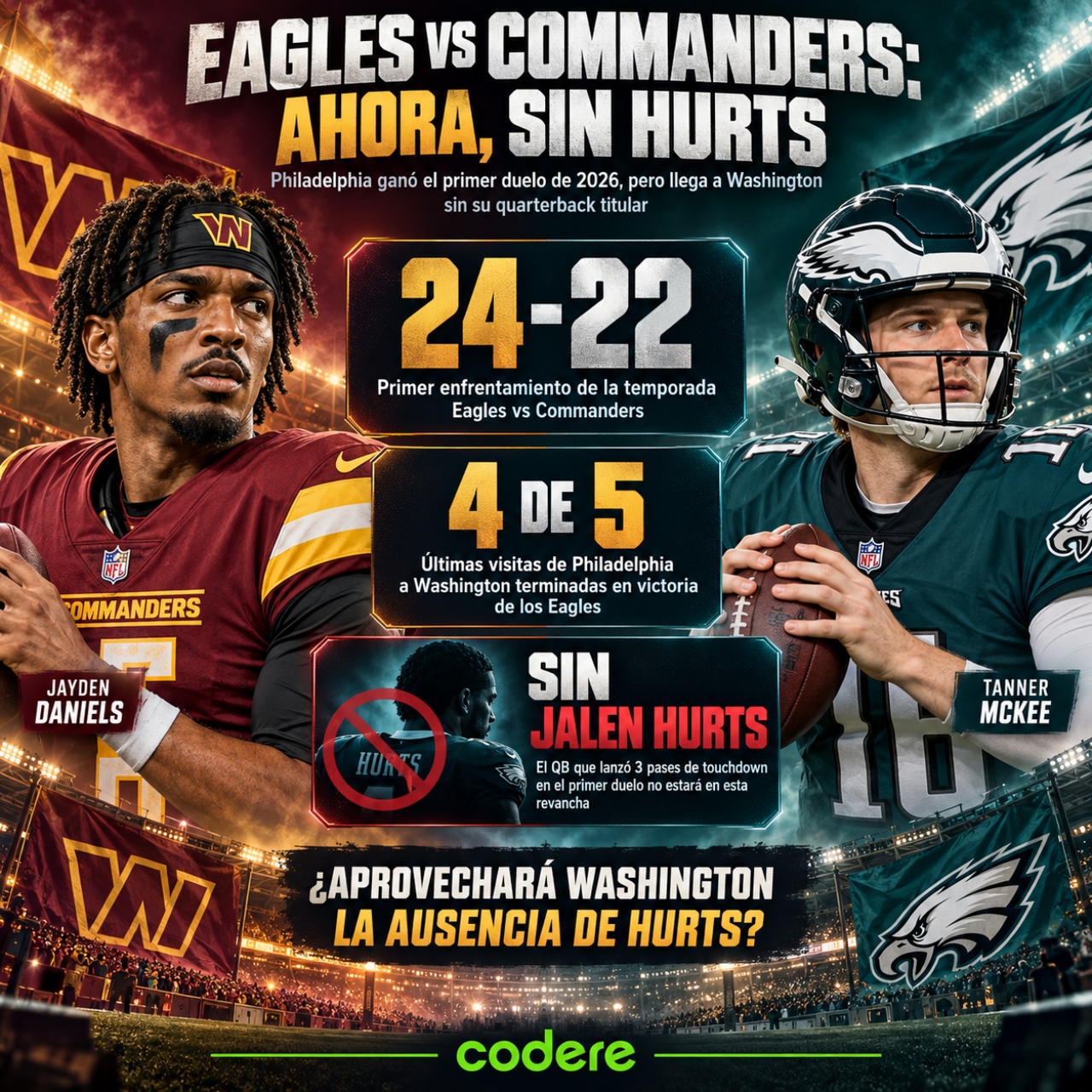 ultimos cinco partidos de Commanders vs Eagles de NFL