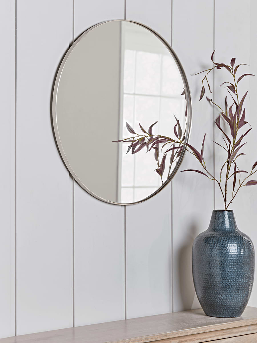 Antique Silver Slim Frame Round Mirror - Medium