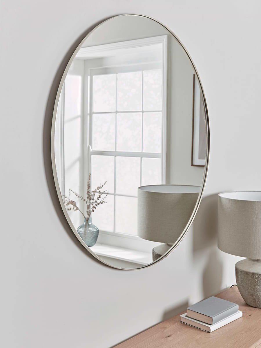 Antique Silver Slim Frame Round Mirror - Large