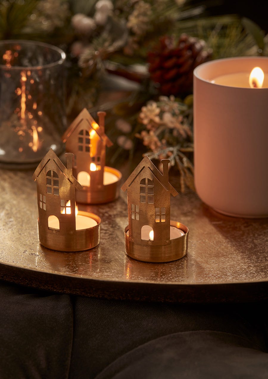 Three Brass House Tealight Holders