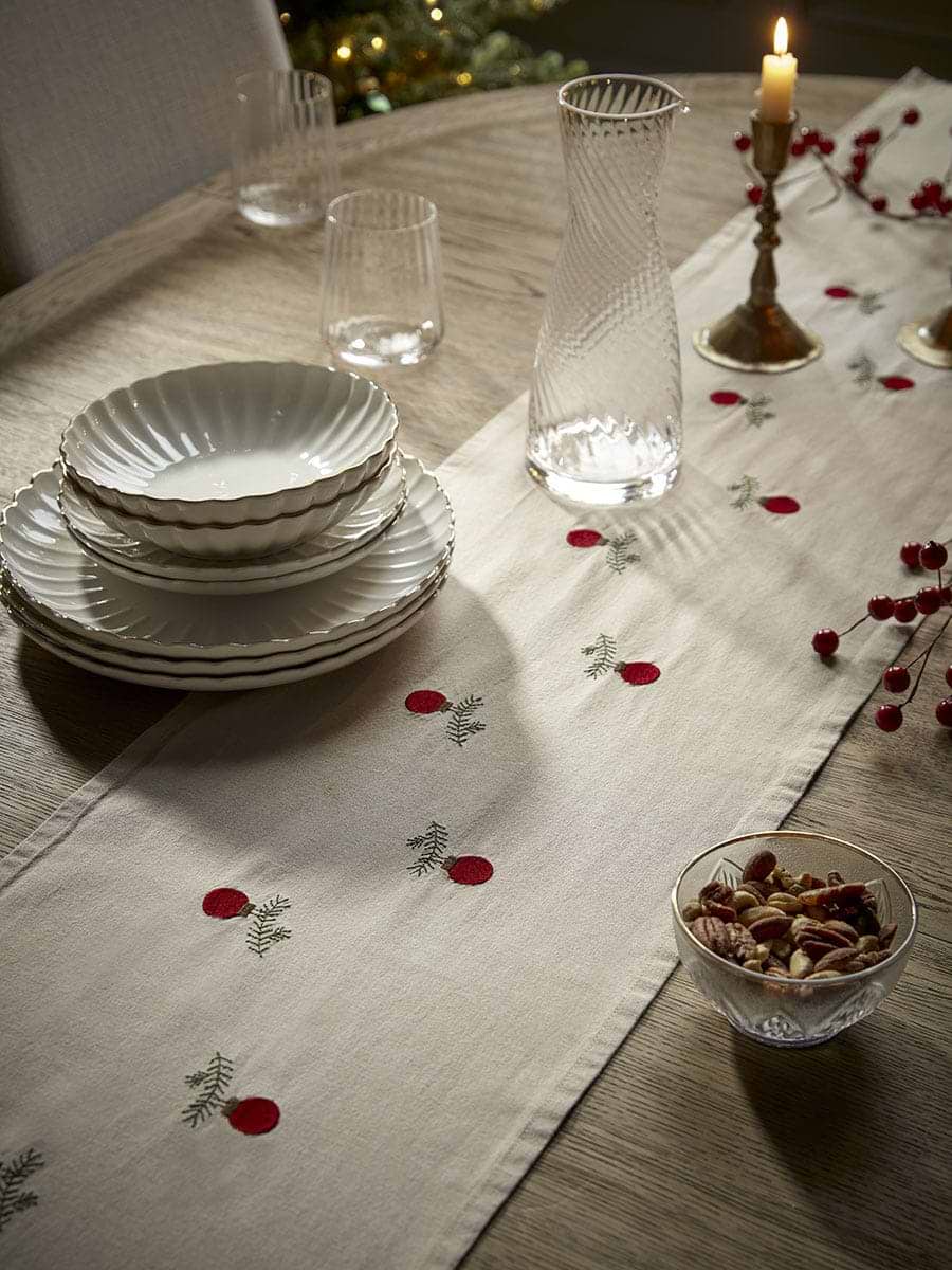 Cotton Embroidered Bauble Table Runner