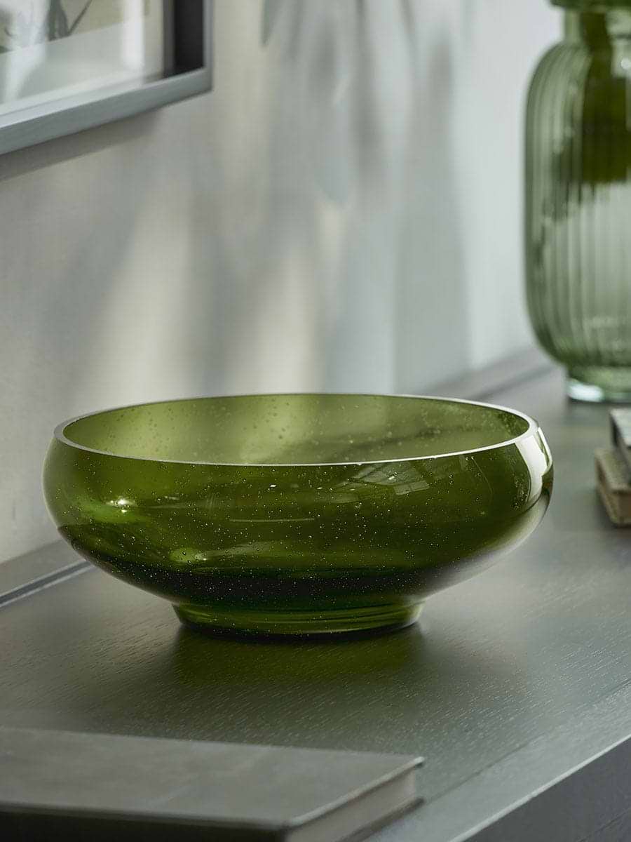 Olive Bubbled Glass Serving Bowl
