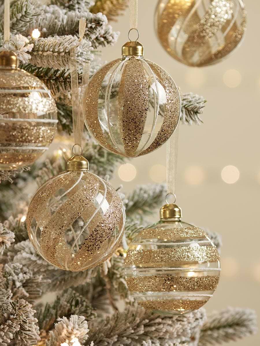 Twelve Glittered Striped Glass Baubles