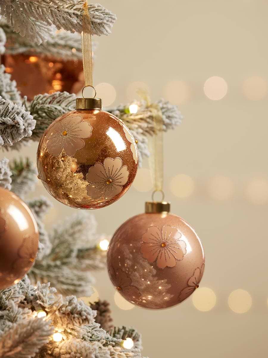 Six Glittered Floral Glass Baubles