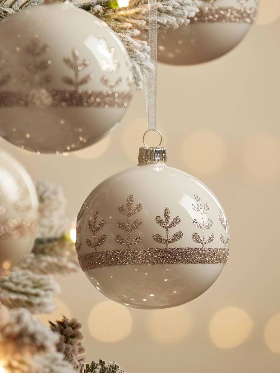 Six Glittered Sapling Glass Baubles