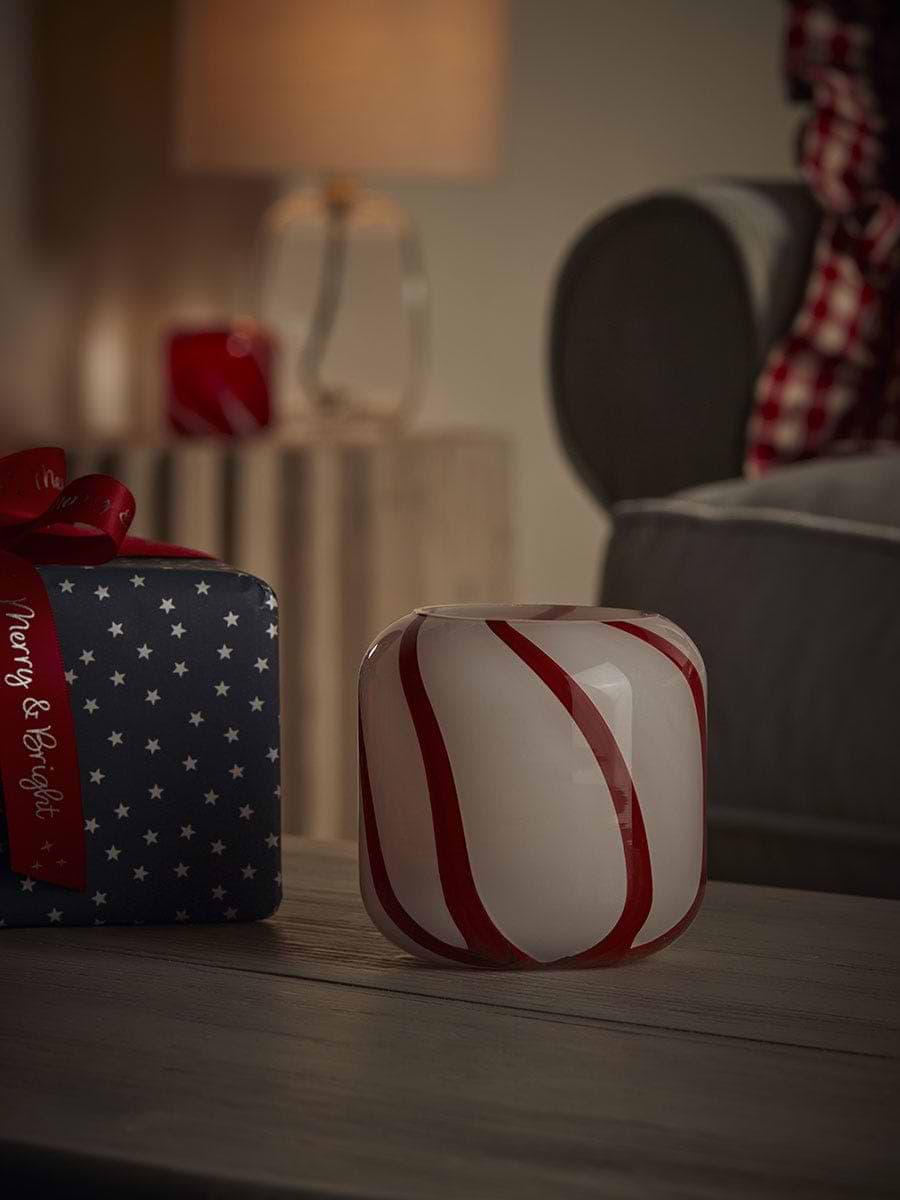 Painterly Candy Stripe Glass Tealight Holder - White