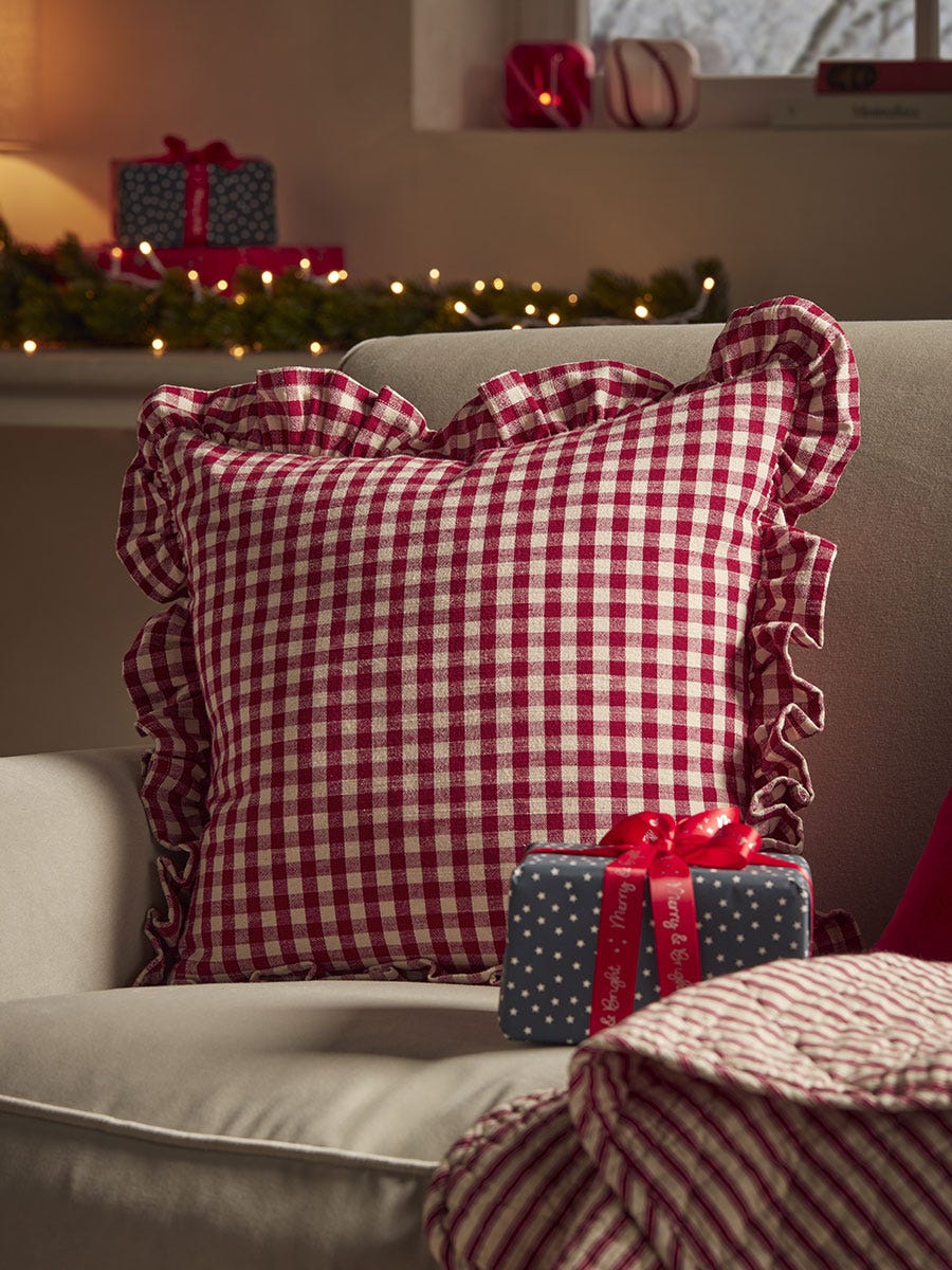 Gingham Ruffle Square Cushion - Red