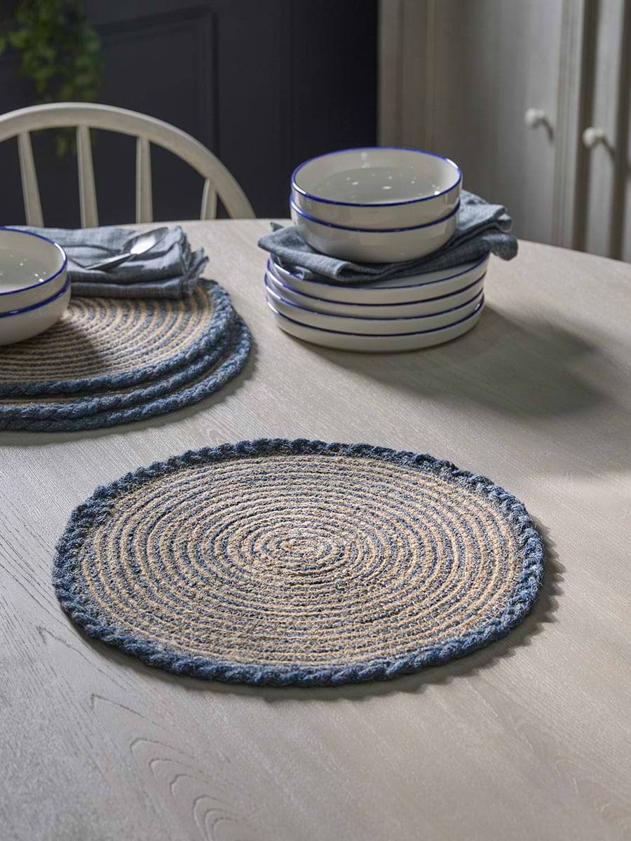 Four Braided Jute Placemats - Blue