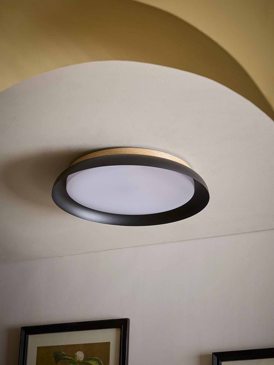 Black Metal & Wood Veneer Ceiling Light