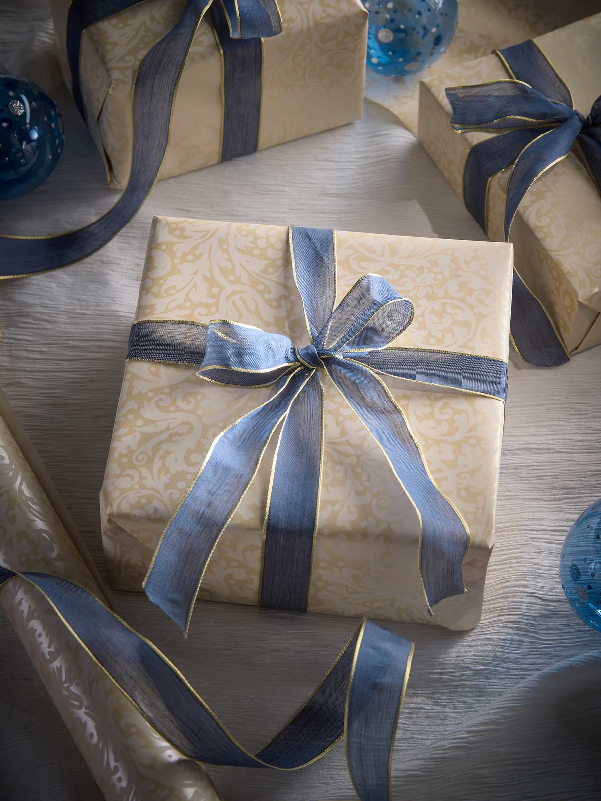 Voile Wired Ribbon - Gold & Navy