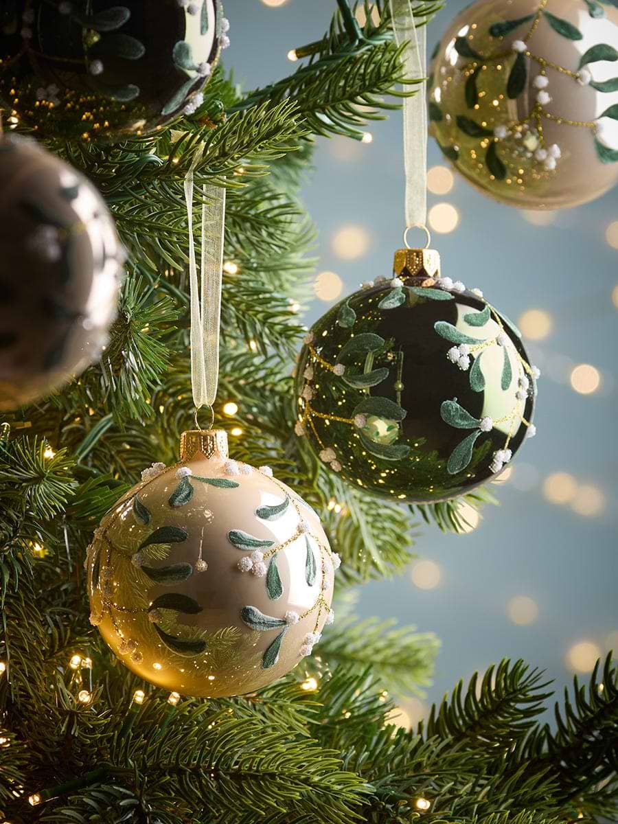 Six Luxury Mistletoe Glass Baubles
