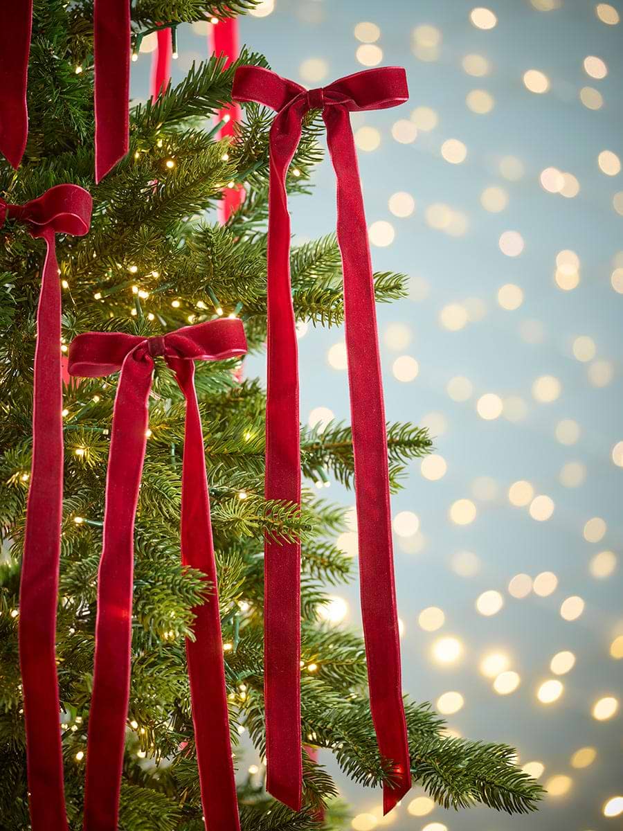 Twelve Long Slim Velvet Tree Bows - Berry Red