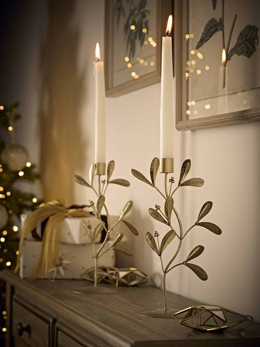 Two Golden Leaf Wreath Candle Holders