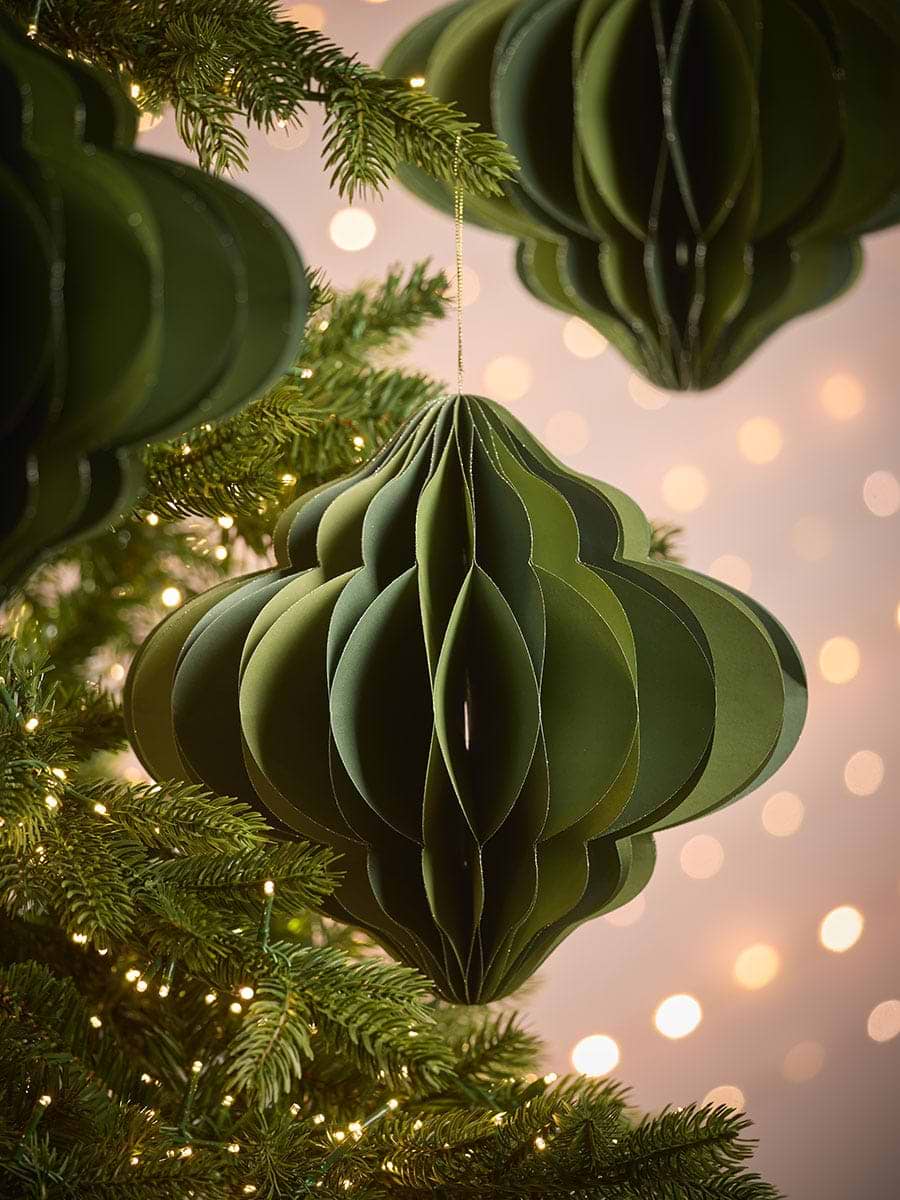 Four Oversized Striped Honeycomb Paper Baubles - Green