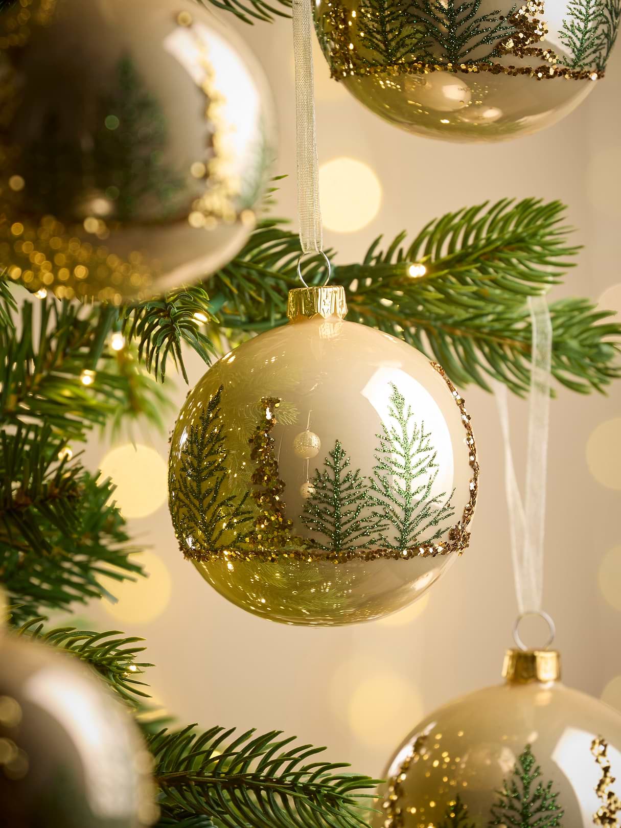 Six Glittered Christmas Tree Glass Baubles